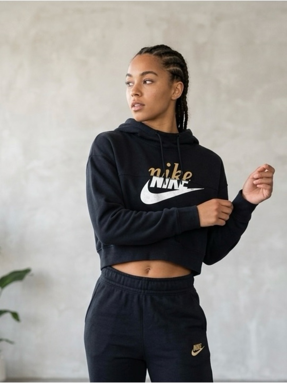 Nike Black Cropped Hoodie with White Swoosh and Gold Script